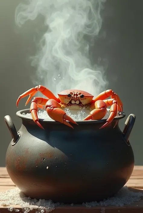 Une grande marmite entrain de bouillir et dedans un pauvre crabe marron qui essaye de saccrocher au bord de la marmite pour fuir.