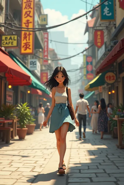 A girl walks on the main street 