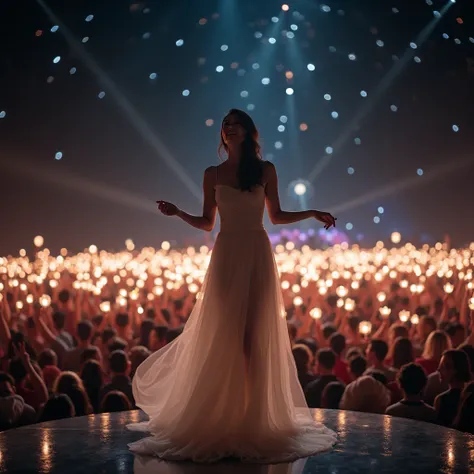 Foreign white female singer singing surrounded by lots of penlights