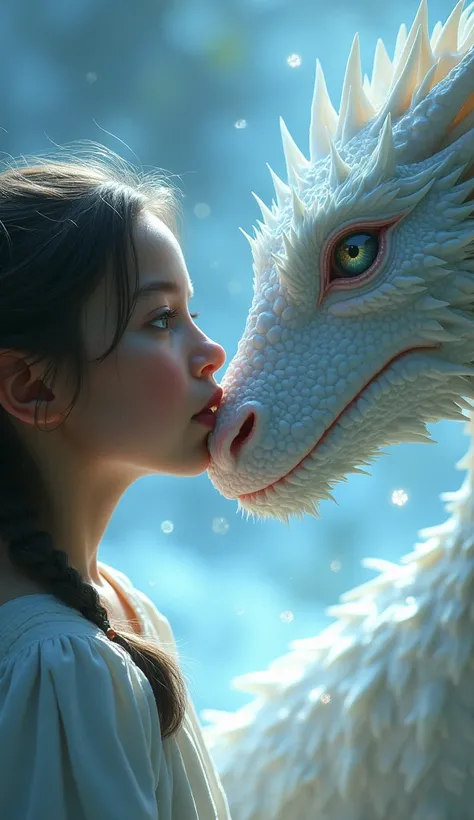 Fantasy art style of a close-up, Emotional moment between a young girl and a white dragon Their faces are inches apart, with the dragons scales shimmering in icy white tones and the girls face illuminated by the dragons glow. The girls expression is one of...