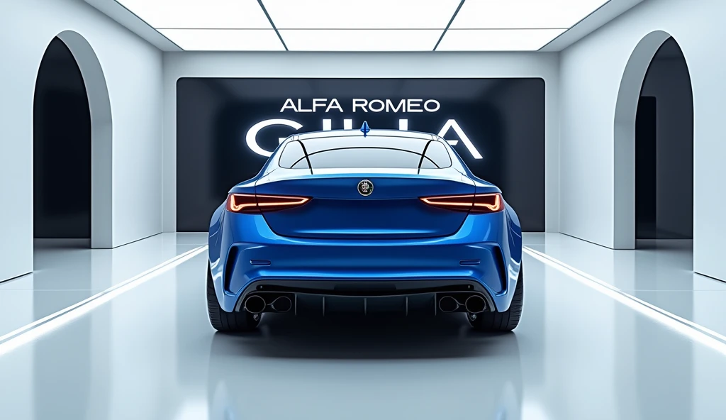 A captivating image of a 2025 Alfa Romeo Giulia center stage in a luxurious white showroom. The futuristic, vibrant (blue) exterior gleams, showcasing its sleek, aerodynamic design and bold accents. The words 2025 Alfa Romeo Giulia are prominently displaye...