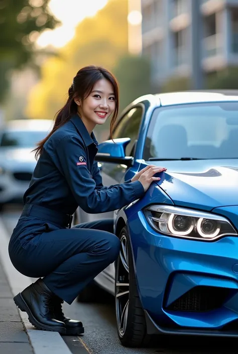  imagine beautiful korean woman working as a mechanic,fave looking to camera and smile ,  wearing mechanic clothes and safety shoes , seen repairing BMW M3 sports car blue metallic chrome,  chrome racing alloy , body kit wide ,  fast and wearing spoiler ra...