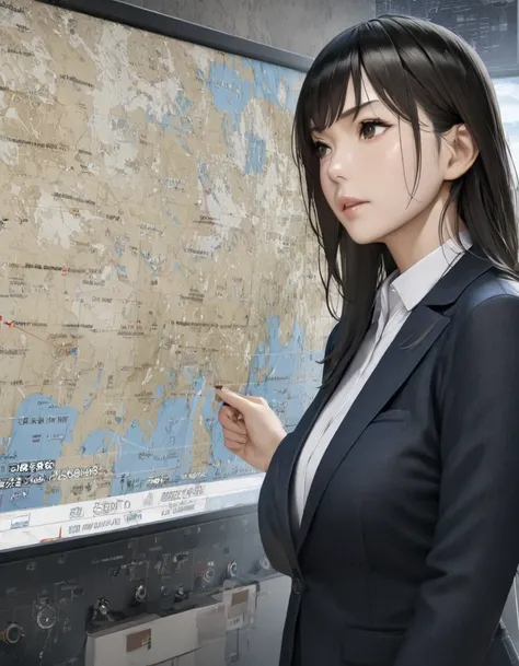 ( top quality, 8k,  high definition ,  Photorealistic), background, A scene from a TV weather forecast program, a female anchor standing in front of a weather map board, Wearing a chic business suit, looking at the weather map and describing it, a male anc...