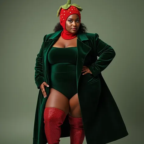  Fashion photography with a brown light skin and fat model ,  the model wears a dark green velvet overcoat ,  is wearing boots up to the middle of the thigh , The boots is red with 1k crystals ,  on the models head has a balaclava crocheted in the realisti...