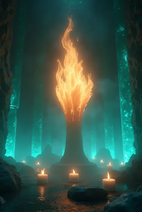 A dark space covered with turquoise crystals. White scented candles are burning in the center . The flame of the white scented candle in the shape of a giant flower bud in the center is very long and burning violently..