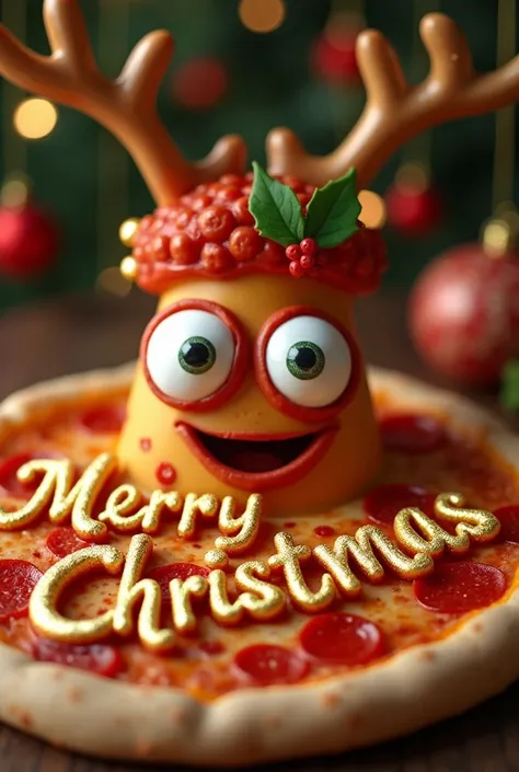 Create a pizza design with eyes mouth and smile for one family christmas with merry chrismat special greeting for u in gold color