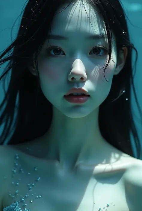 A close-up of a female siren focusing on her face and shoulders. Her face is slender and elegant, with smooth, pale blue skin resembling the serene tones of the ocean. Soft reflections shimmer across her skin, evoking an underwater ambiance. Her eyes are w...