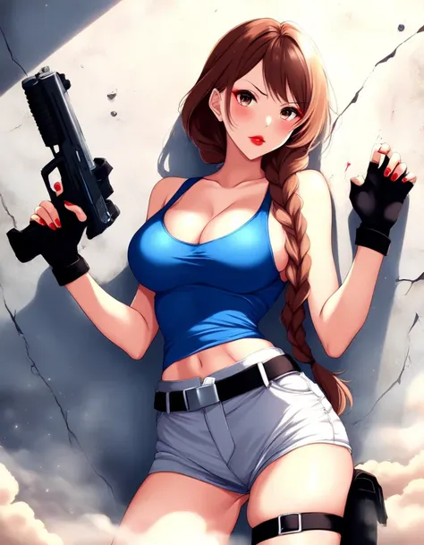 masterpiece, best quality, very aesthetic, absurdres, BREAK, 1girl, looking at viewer,  cowboy shot, lara_classic, brown eyes, brown hair, braided ponytail, long braid, blue tank top, short shorts, fingerless gloves, black gloves, thigh strap, thigh holste...