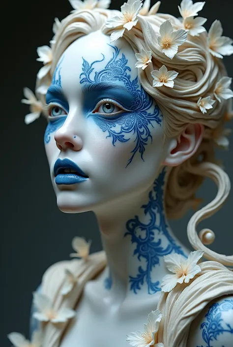  Uzaki Hitomi  (" Killing bites "),  sculpture made in delicate , органичном стиле Rodin а.  Her porcelain skin is covered with blue and white patterns ,  elegant vines and leaves frame her figure.  the lighting is soft and diffuse ,  reminiscent of Renais...