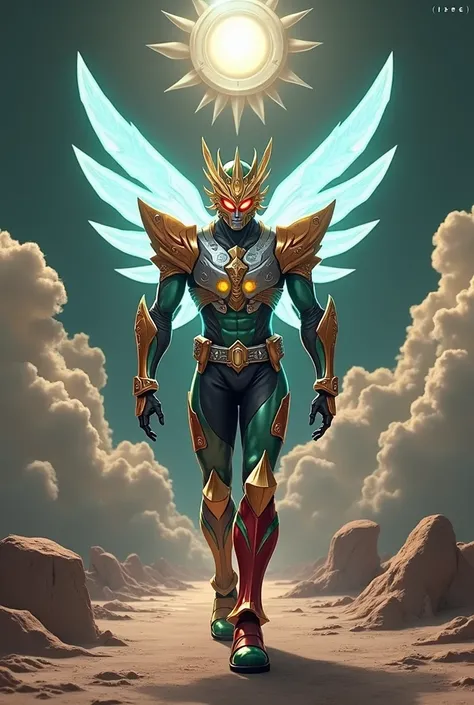 **((CREATE AN IMAGE ABOUT A CHARACTER IN THE SKY WALKING AMONG THE CLOUDS )** Kamen Rider  : helmet fechado com visor.
Kamen Rider  :  Appearance and Armor : golden,  orange-red and emerald green ,  mode symbolizing the Sun ,  fertile land and the vitality...