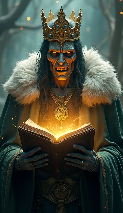 Zombie King with a gold crown holding a book with divine lights coming out of it