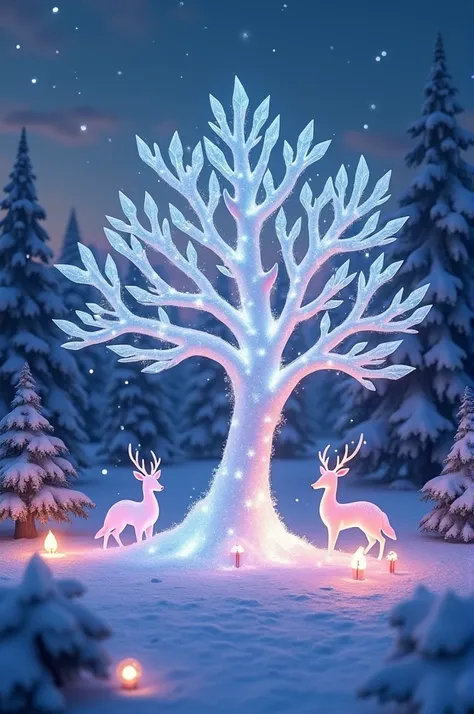 "A whimsical Christmas scene in a snowy forest at twilight, with a glowing tree made entirely of ice sculptures, shimmering in a variety of soft pastel colors. Surrounding the tree, small magical creatures like glowing foxes and deer with crystal antlers a...