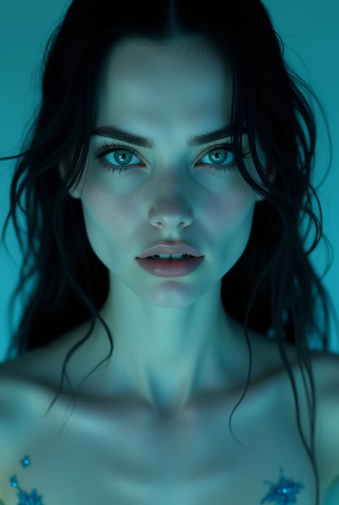 A close-up of a female siren focusing on her face and shoulders. Her face is slender and elegant, with smooth, pale blue skin resembling the serene tones of the ocean. Soft reflections shimmer across her skin, evoking an underwater ambiance. Her eyes are w...