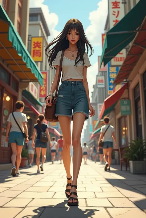 A girl walks on the main street 