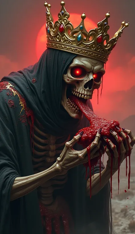 Zombie King with a gold crown eating a piece of meat Bleeding