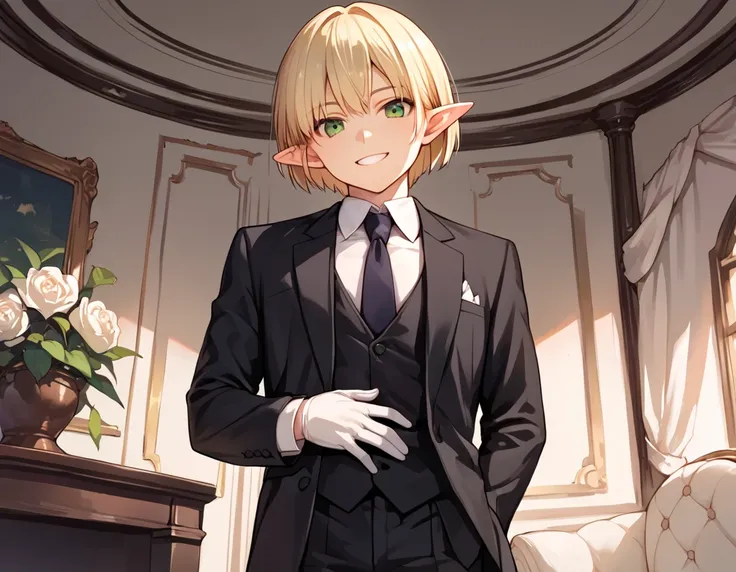 score_9_up, score_8_up, score_7_up, 1boy, solo, source_anime, Beautiful eyes, ((sfw, rating:general)), green eyes, , young boy, blond hair BREAK pointy ears, bob cut, elf BREAK 

formal outfit, black outfit, necktie, white gloves BREAK

Closed mouth, smile...