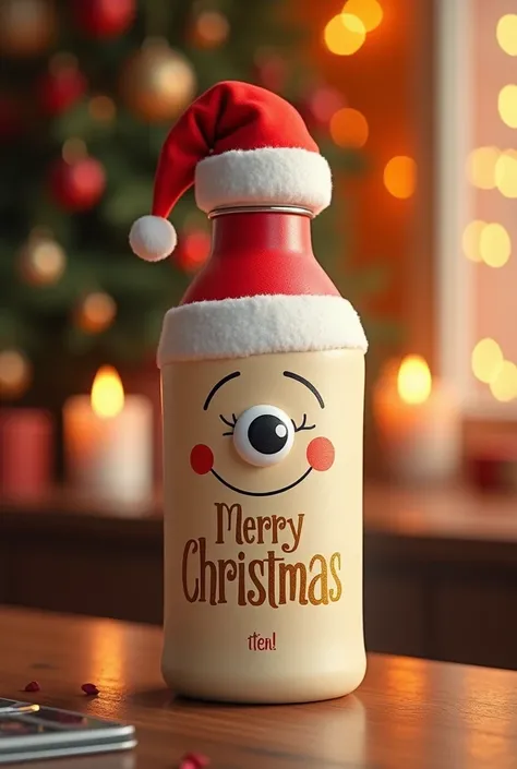 Make a drinking bottle design with an eye mouth and smile Santa hat for one family christmas with merry chrismat special greeting for u in gold color