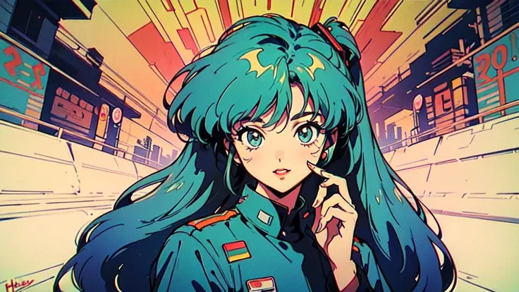 (80s, retro, city pop poster:1.5), (album cover), (masterpiece, best quality, intricate detail), (anime, illustration), (pastel colors:1.3), best photo pose,
 Hatsune Miku , iconic blue-green twin-tails with signature hair accessories, cheerful and youthfu...