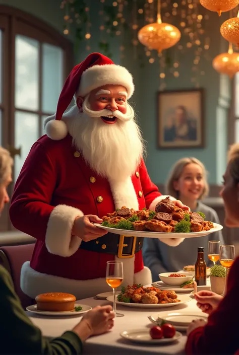 Santa Claus is serving as a waiter at Olimp Restaurant! He carries a plate of meat dishes and places it on a table in the family hall of the restaurant. Around the table sits a cheerful family, and the background is beautifully decorated with festive New Y...