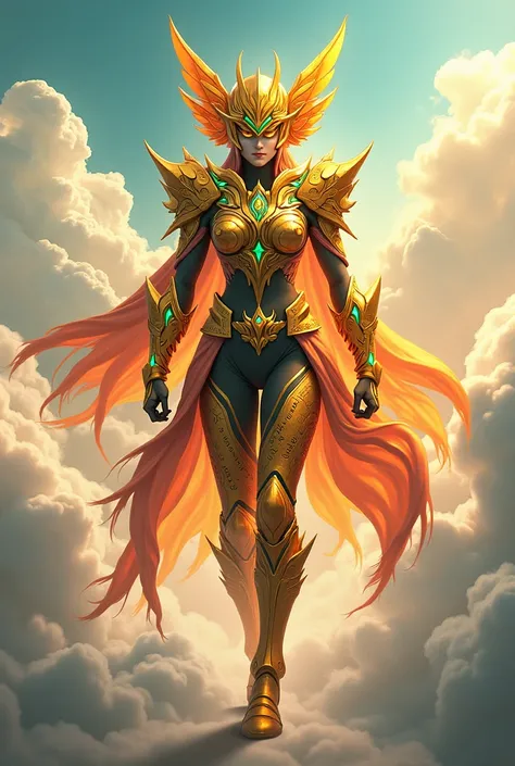 **(( Female Character Design CREATE AN IMAGE ABOUT A CHARACTER IN THE SKY WALKING AMONG THE CLOUDS )** Kamen Rider  : helmet fechado com visor.
Kamen Rider  :  Appearance and Armor : golden,  orange-red and emerald green ,  mode symbolizing the Sun ,  fert...