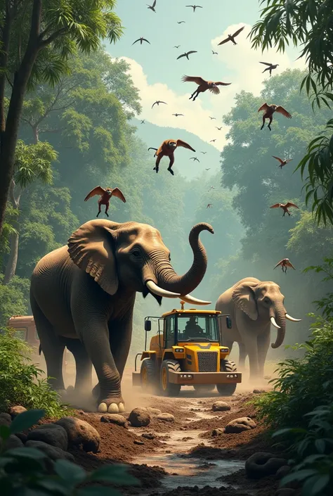 "Elephants blocking bulldozers with logs, monkeys throwing objects at workers, and birds diving from above. The jungle is alive with coordinated animal resistance."