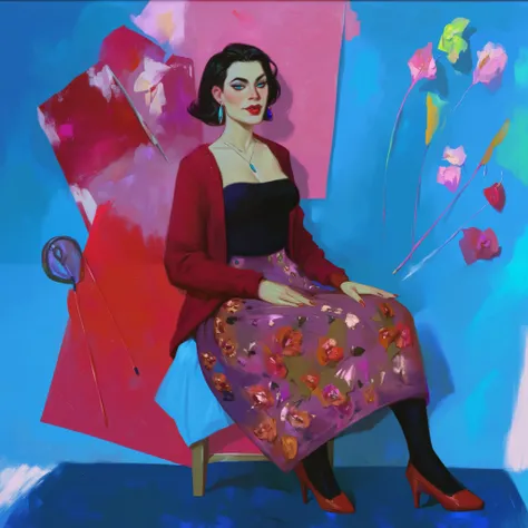 score_9, score_8_up, score_7_up, score_6_up, score_5_up, score_4_up, painting of a woman sitting on a chair with a red cardigan, in the style of Paula Rego, inspired by Paula Rego, craola style portrait , clothed not nude portrait , by Nadia Rusheva, 3 / 4...