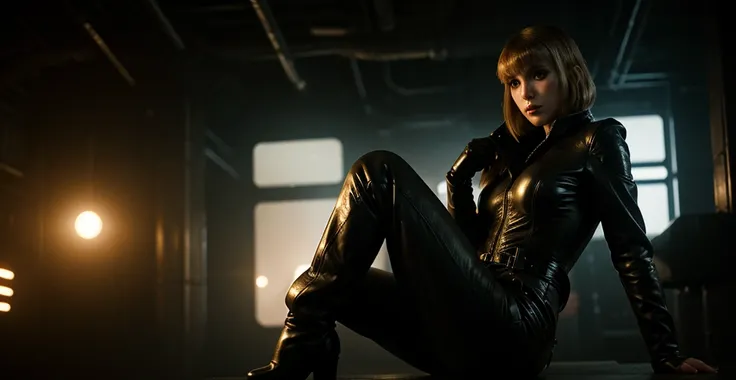 beautiful blade runner woman, 38 YEARS OLD, leather jumpsuit, blade runner loft environment, excellent lighting, detailed image