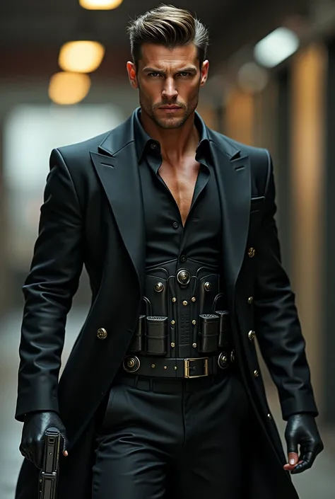 photorealism: a very handsome man with toned muscles, wearing an agent outfit and he has guns in his corset belt and a gun in his hand, looking like an agent.