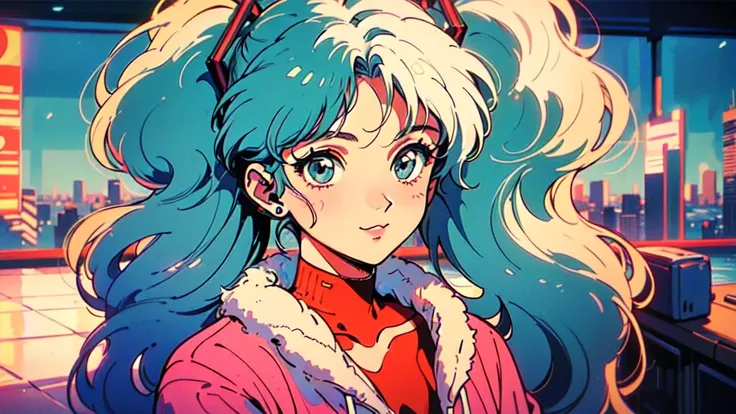 (80s, retro, city pop poster:1.5), (album cover), (masterpiece, best quality, intricate detail), (anime, illustration), (pastel colors:1.3), best photo pose,
 Hatsune Miku , iconic blue-green twin-tails with signature hair accessories, cheerful and youthfu...