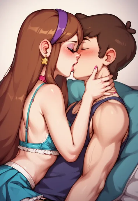 mabel pines(gravity falls)(brunette:1.4)(small breasts:1.4) and dipper pines(gravity falls)(brunnet:1.4) on honeymoon , nsfw , adult_rating, 1boy, 1 girl,  teen, romantic,  bridal lingerie with garterbelt,  kissing, hotelroom, purple hairband