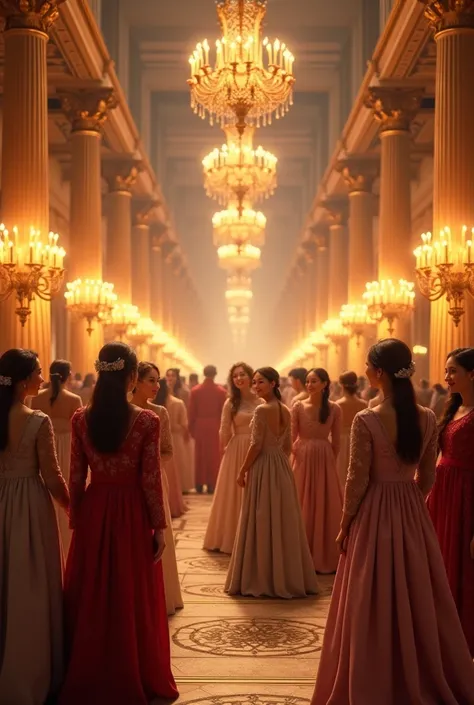 "A grand royal court lit by golden candles. Guests in elegant robes are laughing and chatting, while soft music plays in the background."


---