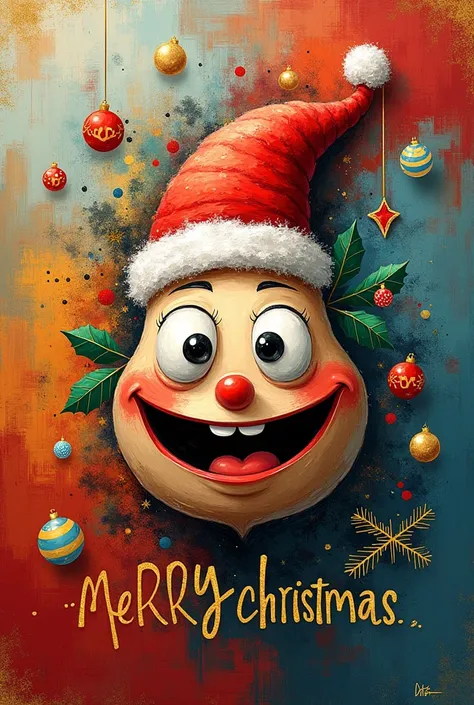 Create abstract painting design with Santa hat mouth eyes and smiles for christmas one family with merry chrismat special greeting for u in gold color