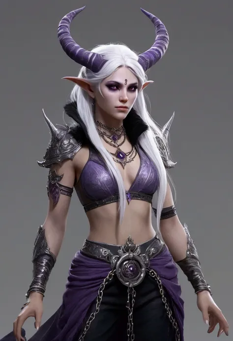 feminine figure with a fair fair skin, waist-length white hair with purple highlights at the edges, and several horns forming a crown around her head. The female creature also had black markings the side of her face, a black neck and black markings round h...