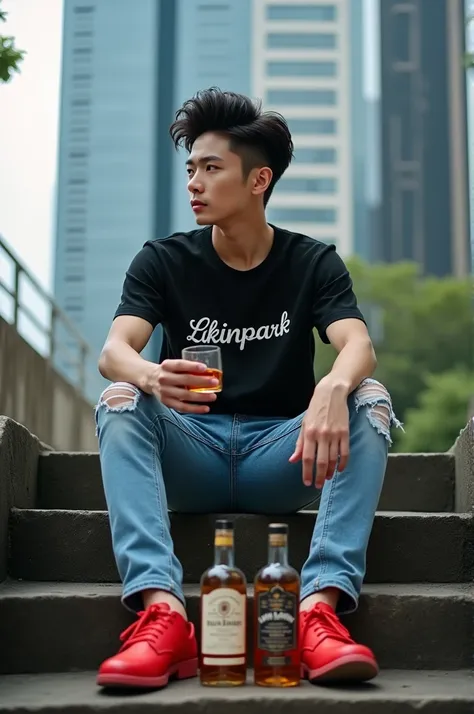 a very handsome young Korean man with trendy hair, sitting on the stairs holding a glass of whiskey, the man was wearing a black t-shirt that said "likinpark", his tight blue jeans were torn at the knees, red shoes in a hurry, in front of him there was a t...