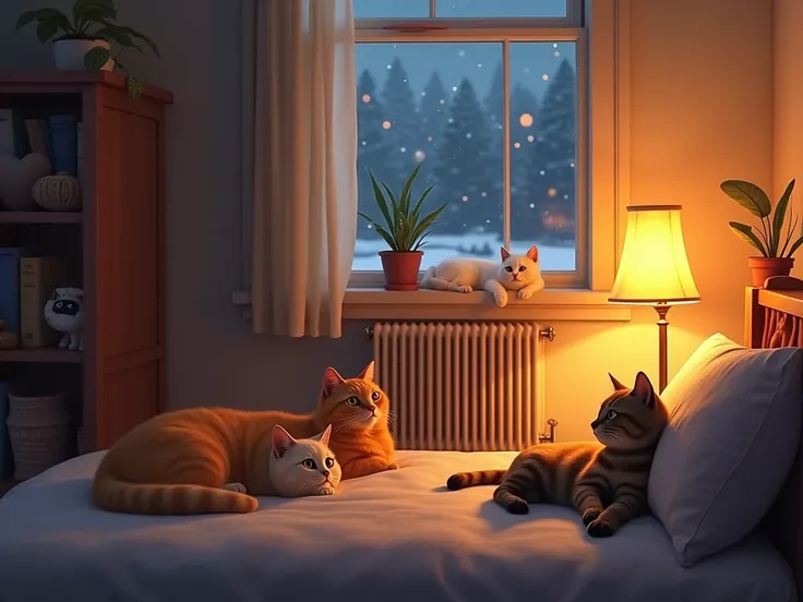 warm cozy atmosphere electric lighting heating radiator apartment Maine Coon cat Chartreuse Korat Abyssinian  