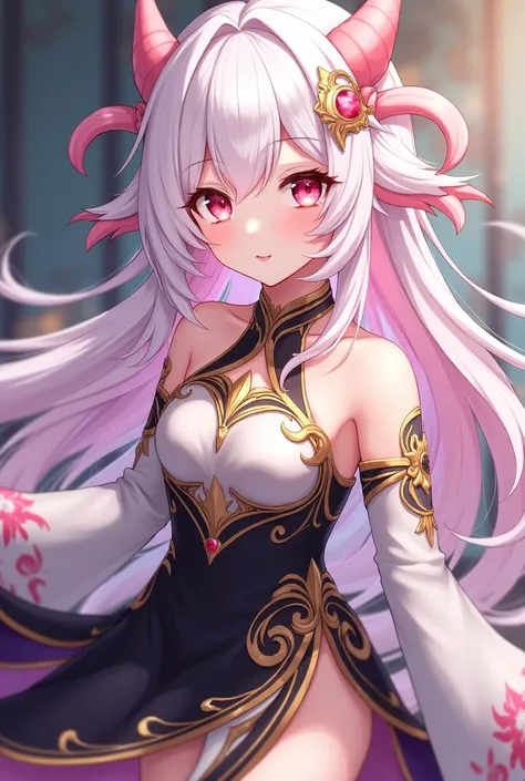 girl, genshin impact, long white and pink hair and small pink dragon horns with golden cuffs and golden hair pins, pink and golden eyes. Red marking, black, white , pink and gold dress with dragon details, show shoulders, a bit of cleavage and legs