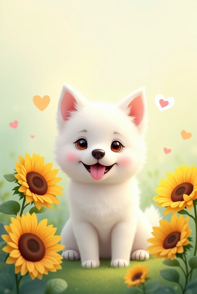 A white dog with a sunflower and a white heart