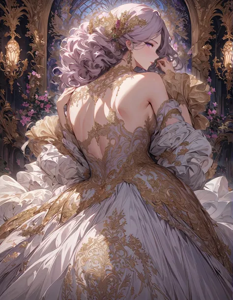 woman, long light hair, Purple eyes, curvy body, In a luxurious dress with an open back, Luxurious old-fashioned dress, a detailed and rich description of a women&#39;s aristocratic dress with an open back in the Rococo style., highlighting luxurious fabri...