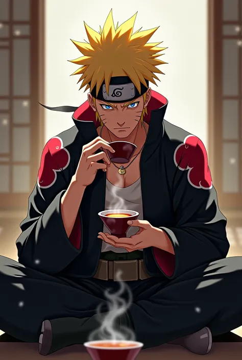 Drawing of Naruto baryon mode and dress of Akatsuki sitting drinking a cup of tea alone