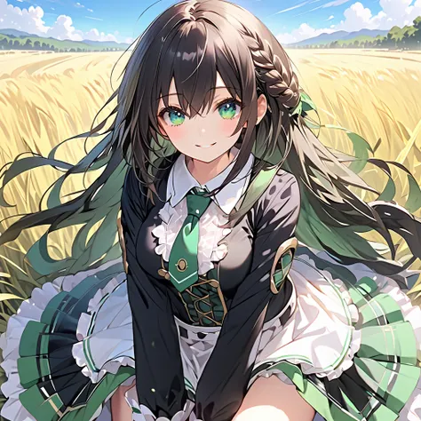 Green (Neptunia ), black hair, green eyes, smile,long hair, french braid, sidelocks, small breasts, narrow waist, wide hips, (Black blazer:1.5)、(Regular necktie:1.5)、( black plaid mini skirt:1.5)、(Thighs:1.5),(bridal garter:1.５),grassland、blue sky、 cowboy ...