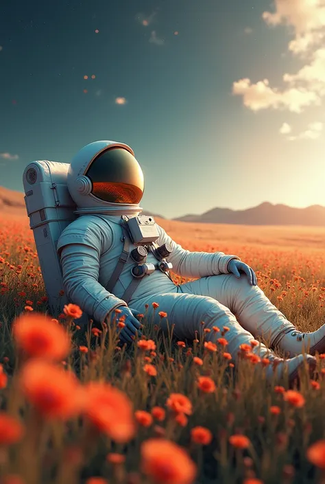 arafed astronaut laying on the ground in a field of flowers, an astronaut relaxing in space,  astronaut, astronaut, floating in outer space, beeple. hyperrealism, beeple and greg rutkowski, detailed astronaut, with a space suit on, beeple and tim hildebran...