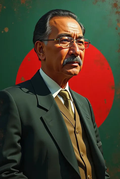 Sheikh Mujibur Rehman  , in background Bangladesh flag,  art style 