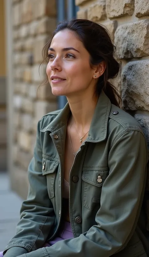 A 38-year-old woman sitting byA stone wall, wearingA buttoned-up jacket.