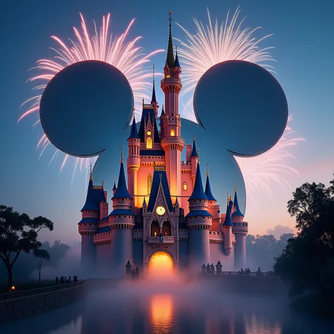 A magical Disney castle seamlessly integrated into the iconic shape of Mickey Mouses head. The central section of the castle forms the head, with glowing windows, spires, and intricate details, while the two rounded ears serve as majestic domes illuminated...