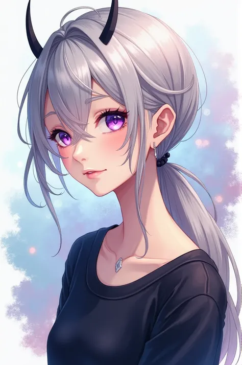 
Clear line painting ,  Clear watercolor , vivid shade,  Beautiful Young Woman ,  gray hair , Lee Ju-gin Low Pony Pony Pale, horn、 purple eyes,  black shirt,  Stylish everyday wear ,  Inner strength , ❤️, I love that its ,High quality, painting,  pixiv ill...