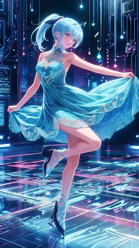  head to toe depiction、 full body view、masterpiece, 最 High Quality , 超 Details,、  ice skating rink  ,Ice Dance/DANCING ON ICE 、 8K Anime Art  ,Very beautiful girl  , one woman,  ponytail, ,( 1 Woman ),Dancing on ice ,("  figure skater"),Beautiful dress,(Ic...