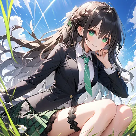 Green (Neptunia ), black hair, green eyes, smile,long hair, french braid, sidelocks, small breasts, narrow waist, wide hips, (Black blazer:1.5)、(Regular necktie:1.5)、( black plaid mini skirt:1.5)、(Thighs:1.5),(bridal garter:1.５),grassland、blue sky、 cowboy ...