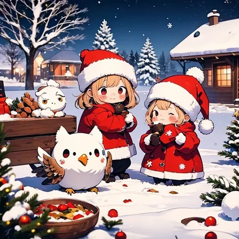   masterpiece  、Christmas winter scenery    、Christmas food   ，Two girls personify baby owls    、  body 、Chibi、          catches an owls ears and tail    、snowball fight  ,     happy expression