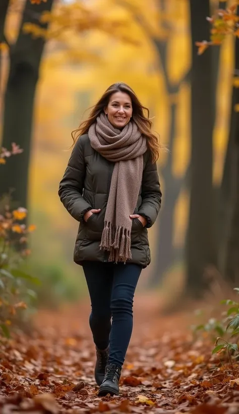 A 35-year-old woman walking throughA forest in autumn, dressed inA warm scarf.