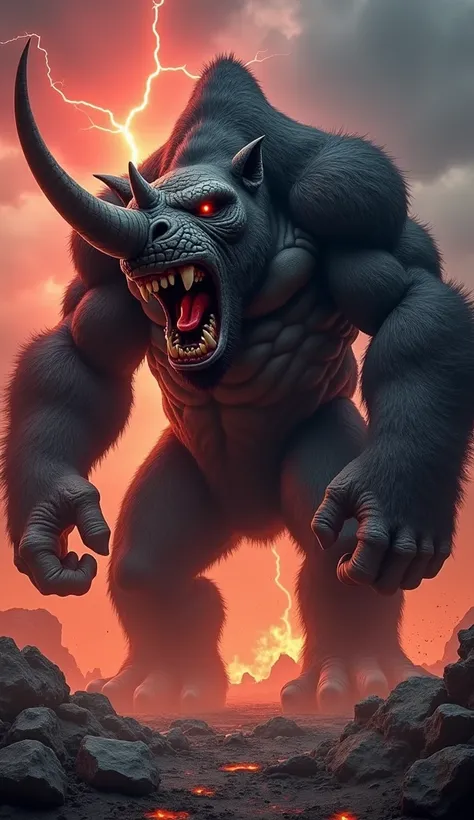 A monstrous hybrid creature combining the raw power of a gorilla and the brute strength of a rhinoceros, designed to appear fearsome and dangerous. The creature has the massive, muscular frame of a gorilla, with thick arms and a barrel-like chest, but its ...